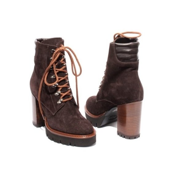 Italian Brown Suede Lace-Up Zip-Up Ankle Heel Boots - Picture 2 of 8
